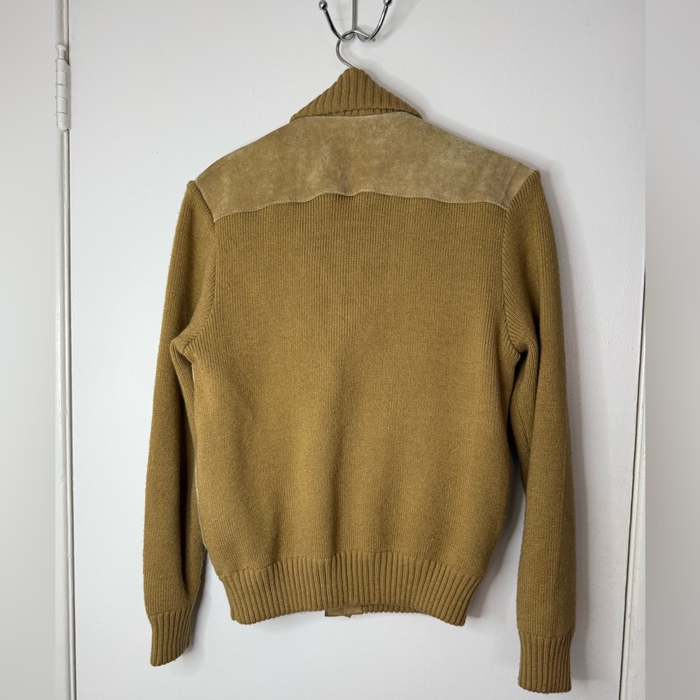 Vintage men’s Repage mustard, leather & knit, shawl neck, button-down cardigan M - Picture 4 of 7